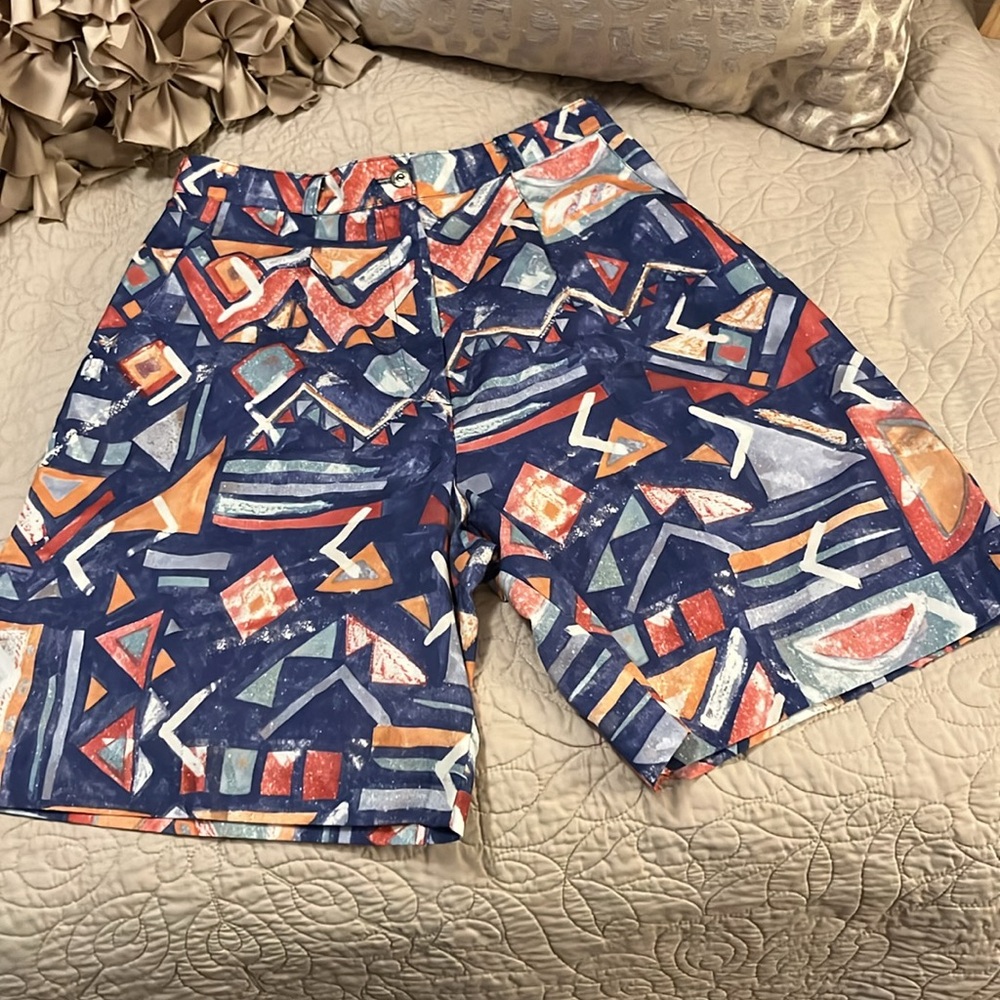 Darlyn Vintage High Waisted Colorful Abstract Print Pleated Shorts Made IN USA 6